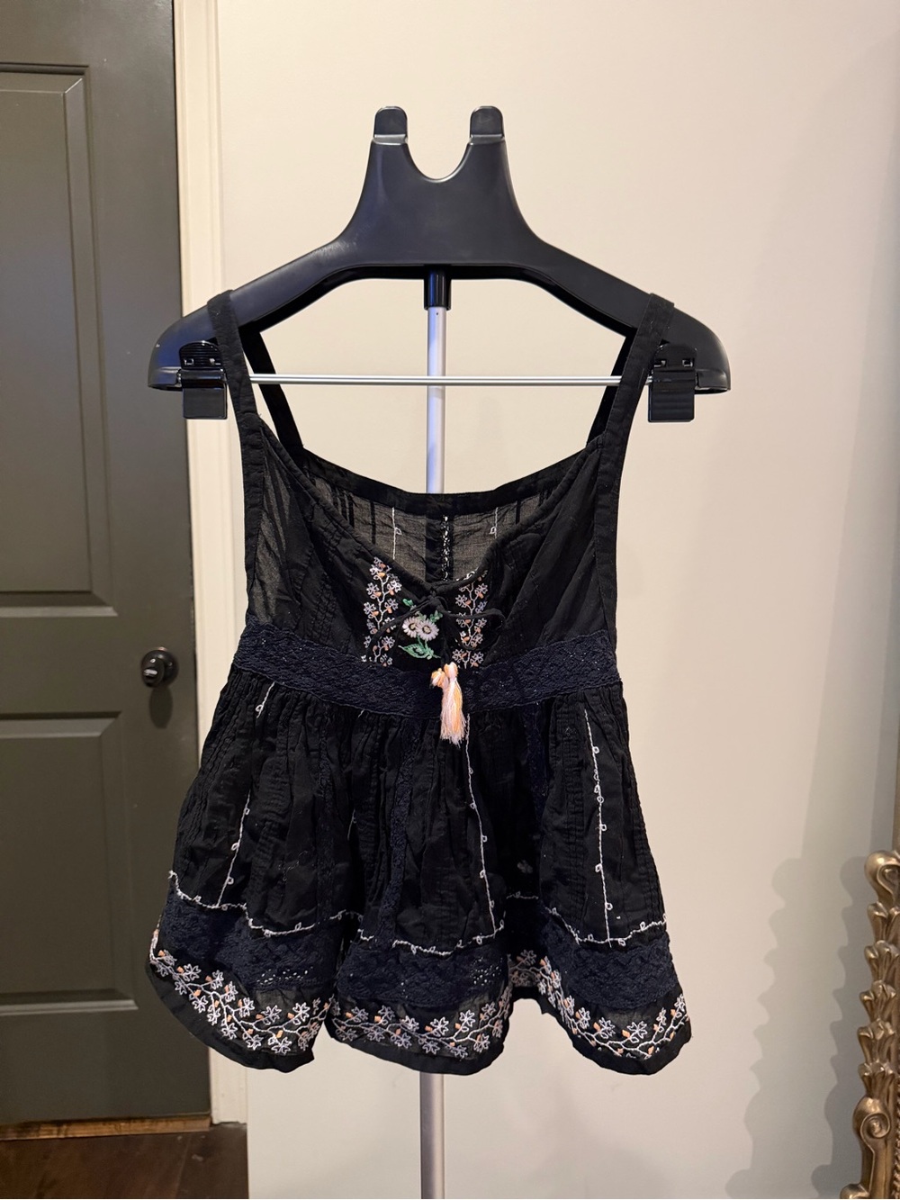 Free People Black Embroidered Boho Babydoll Tank Top S